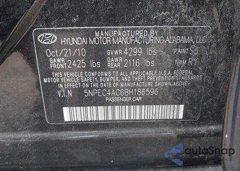 2011 Hyundai Sonata Se z USA, uszkodzony, nr VIN 5NPEC4AC6BH186596